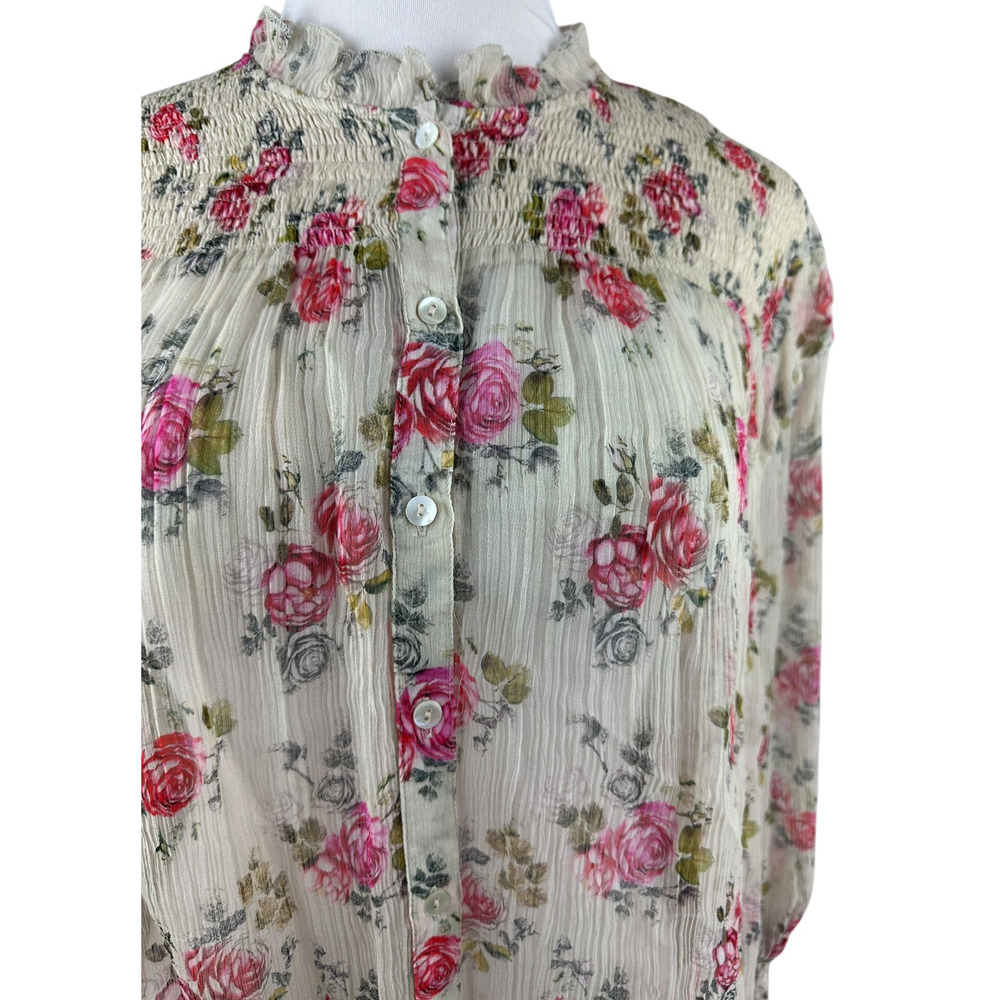 Sundance Amelia Floral Sheer Smocked Blouse Prairie Cottage Button Top Large - Picture 5 of 16